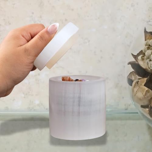 Selenite Crystal Jar with Lid – Crystal Holder for Jewelry, Keepsakes, Cleansing & Charging – Natural Selenite Bowl for Crystals, Reiki, Meditation, Protection, Spiritual Decor Gift