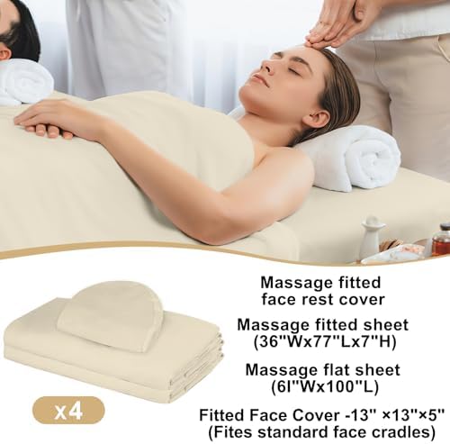 4 Sets Premium Microfiber Massage Table Sheets Set 3 Piece Set Includes Massage Table Cover Fitted Sheet and Fitted Face Rest Cover, Beige