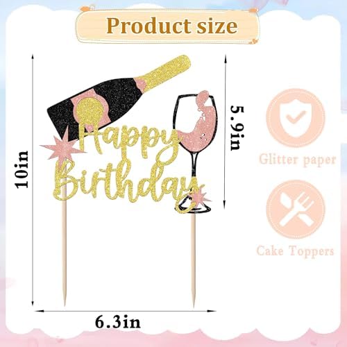 Champagne Happy Birthday Cake Topper, Unique Gold Champagne Happy Birthday Toppers, Cheers to Birthdays for Men's and Women's Party Cake Toppers
