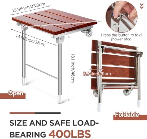 Geetery Folding Shower Seat Wall Mounted, 18'' Shower Chair with Support Legs Collapsible Bathroom Safety Bench Fold Down Wall Wood Bath Chair Seat for Elder Disabled Pregnant Adult (Load 400 Lbs)