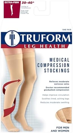 Truform 30-40 mmHg Compression Stockings for Men and Women, Thigh High Length, Dot-Top, Closed Toe, Beige, Medium