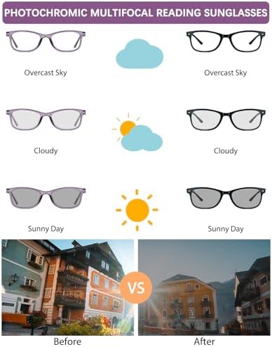 UXAOSVME 2-Pack Photochromic Progressive Readers With Blue Light Blocking, Multi-Focus Reading Glasses for Men & Women