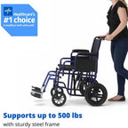 Medline Heavy Duty Transport Chair supports up to 500 lbs., Bariatric Transport Wheelchair, 22" x 18" seat, Blue Frame