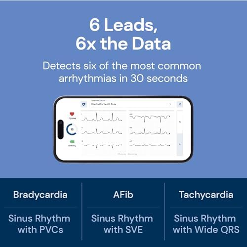 KardiaMobile 6L Max EKG Monitor, Includes One-Year KardiaCare Subscription, FDA-Cleared Heart Monitor, Medical-Grade Results in 30 Seconds, Unlimited Recordings, Works with Smartphones and Tablets