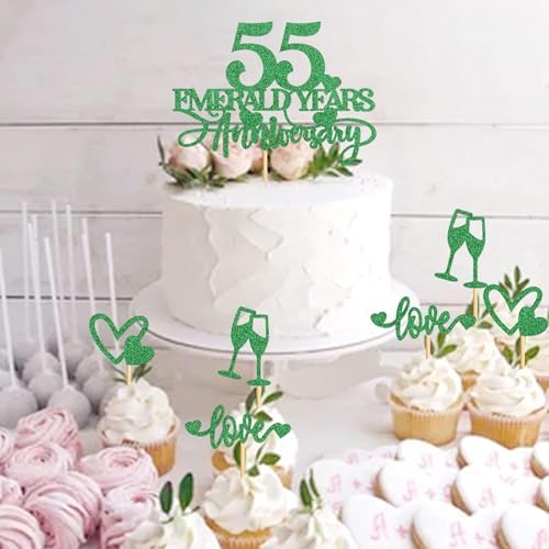 25Pcs Glitter Green 55 Emerald Years Anniversary Cake Toppers Heart Cheers Love Cupcake Picks for 55 Years Wedding Anniversary Cake Decorations Happy 55th Anniversary Birthday Party Decorations