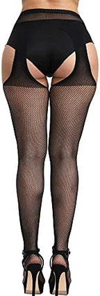 E-Laurels Womens High Waist Patterned Fishnet Tights Suspenders Pantyhose Thigh High Stockings Black