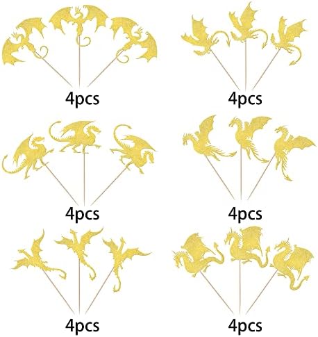 24 Pack Dragon Cupcake Toppers Glitter Fantasy Birthday Cupcake Picks for Medieval Dragon Theme Baby Shower Kids Birthday Party Cake Decorations Supplies Gold
