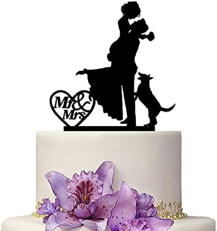 Mr And Mrs Wedding Cake Toppers With Pet Dog Animal Black Color Acrylic Silhouette Wedding Party Engagement Decoration
