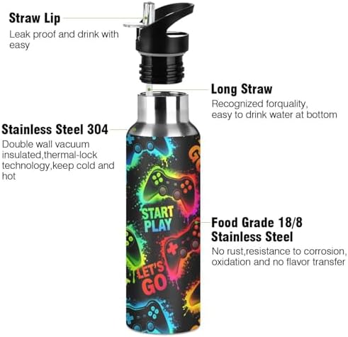 Video Game Boys Joystick Water Bottle Colorful Gamepad Insulated Sports Vacuum Stainless Steel Mug with Straw Lid & Handle 20 oz
