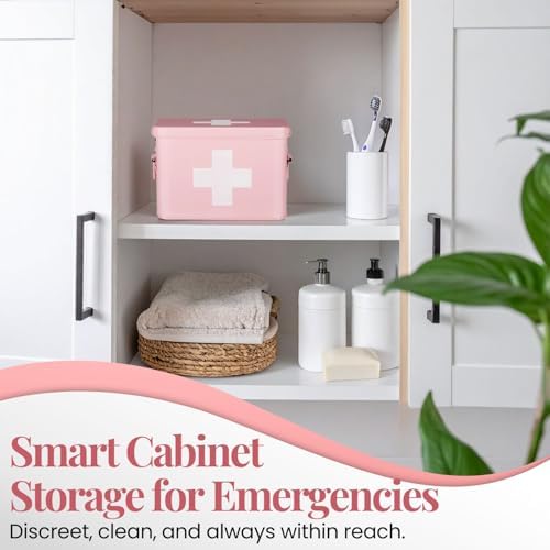 Flexzion First Aid Box Organizer, Empty 8.5 Inch Pink Vintage First Aid Kit Tin Metal Medical Box First Aid Storage Box Container Bins with Dividers, Removable Tray and Cross Logo
