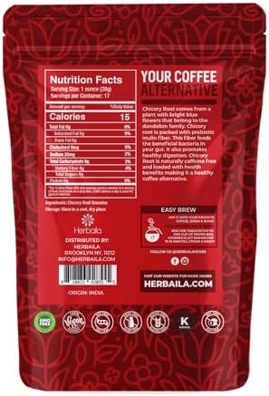 Herbaila Chicory Root Roasted Granules, 1 Pound, Chicory Coffee (Inulin, Prebiotic Dietary Fiber) Rich Flavor, Caffeine Free, Natural Tea and Coffee Substitute, Keto, Kosher