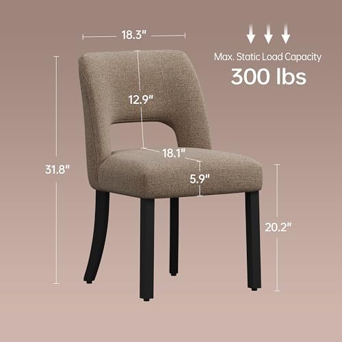 keoni Wooden Dining Chairs Set of 6, Mid Century Modern Upholstered Dining Room Chairs with Black Wood Legs, Fabric Farmhouse Kitchen Chairs with Foot Pegs for Dining Room, Brown