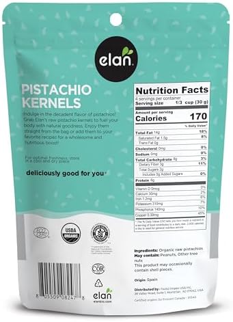 Elan Organic Raw Pistachios, 4.8 oz, Unsalted Kernels, No Shell,Pistachio Nuts, Non-GMO, Vegan, Gluten-Free, Kosher, Healthy Snacks