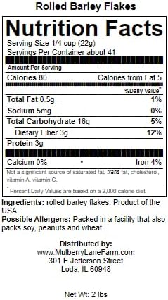 Rolled Barley Flakes 2 Pounds Non-GMO Bulk, Product of USA, Mulberry Lane Farms