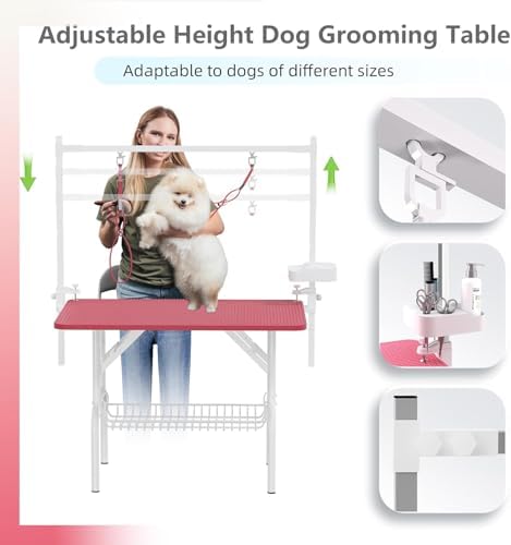 Majnesvon 36 Inch Foldable Pet Grooming Table with Adjustable H-Frame Arm, Storage Tray, 2 Nooses (Pink)