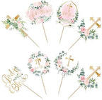 Rsstarxi 35 Pack God Bless Cupcake Toppers Cross Pink Wreath Cupcake Picks for Christian Baptism Baby Shower Girls First Communion Party Cake Decorations Supplies