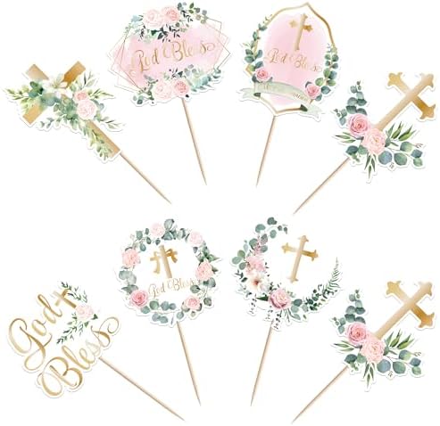Rsstarxi 35 Pack God Bless Cupcake Toppers Cross Pink Wreath Cupcake Picks for Christian Baptism Baby Shower Girls First Communion Party Cake Decorations Supplies