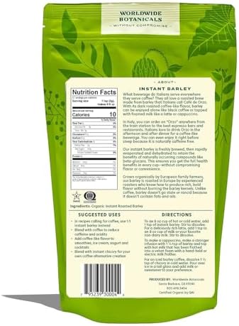 Worldwide Botanicals Organic Barley, Instant – 57 Servings – Italy’s Orzo, their Favorite Coffee Alternative – Caffeine Free, Acid Free, Kosher, 6 Ounces