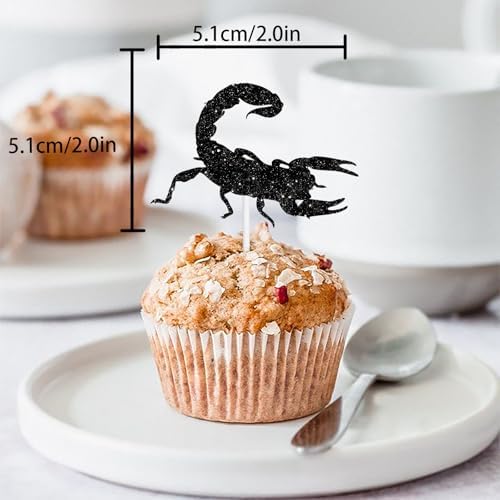 18pcs Black Silhouette Glitter Scorpion Dessert Cupcake Topper Pick for Animal Insect Theme Decor Supplies Baby Shower Boys Girls Happy Birthday Party Decoration