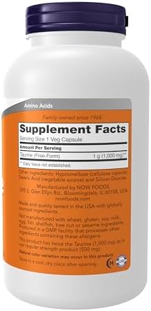 NOW Foods Supplements, Taurine 1,000 mg, Double Strength, Nervous System Health*, 250 Veg Capsules