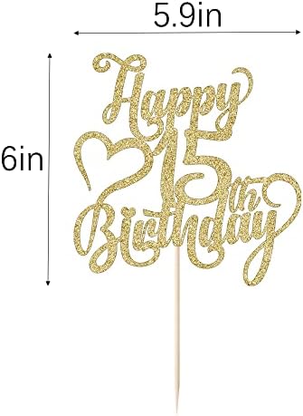 Gold Glitter Happy 15th Birthday Cake Topper - 15 Anniversary/Birthday - Hello 15, Cheers to 15 Years,15 & Fabulous Cake Topper Party Decoration