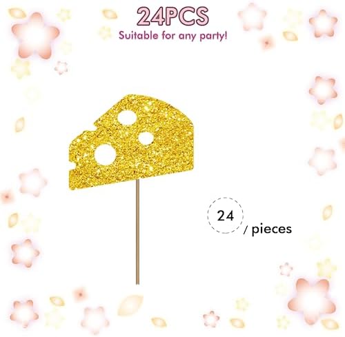 Set of 24 Cheese Cupcake Toppers for First Birthday, Gold Glitter Cheese Sign Cupcake Toppers, Cake Decorations for Baby Shower/Sweet Cheese Theme Birthday Supplies