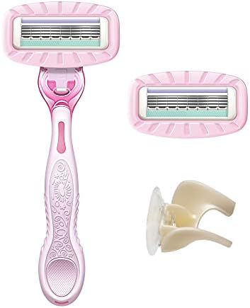 Amazon Basics Women's 4 Blade Razor for Women, Fits AmazonBasics & Venus Handles, Moisturizing Surround, 4 Count, Includes 1 Handle, 2 Cartridges & 1 Shower Hanger, Pink (Pack of 2)