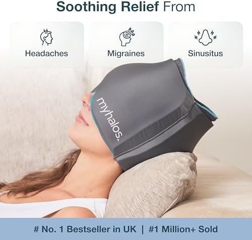 MyHalos® Migraine Relief Cap,30% Thicker,2X More Cooling Gel -Stays Colder for Longer, Ice Hat, Ice Pack Head Wrap, Cold Headaches & Migraine Mask - Tension Headache Relief Cap (Gray) FSA|HSA Eligible
