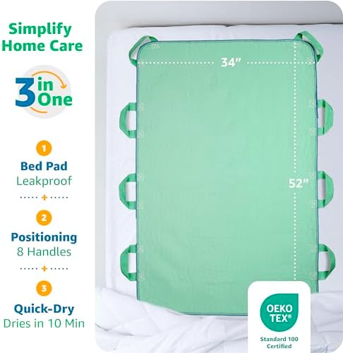 Improvia Positioning Bed Pad, with 8 Reinforced Handles, Quick-Drying, Washable, Waterproof, for Lifting, Turning, Transfering, Elderly and Incontinence Patients (Green, Pack of 2)