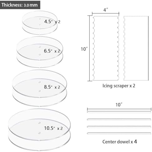 Acrylic Cake Disc, Round 4.5/6.5/8.5/10.5 Inch Acrylic Cake Disk Set, Includes Comb Scrapers,Dowel Rods,Icing Scraper,Cake Acrylic Discs for Icing 4 Tier Cakes