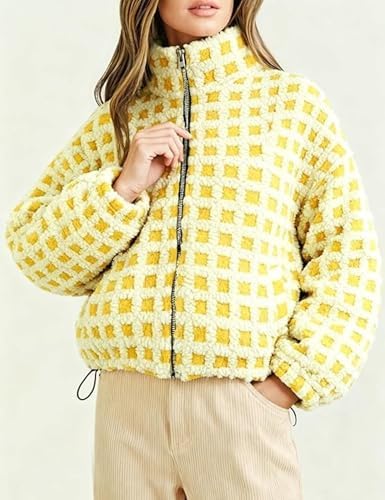 Esmeling Women’s Long Sleeve Cropped Sherpa Fleece Plaid Jacket Casual Chunky Teddy Fleece Outerwear
