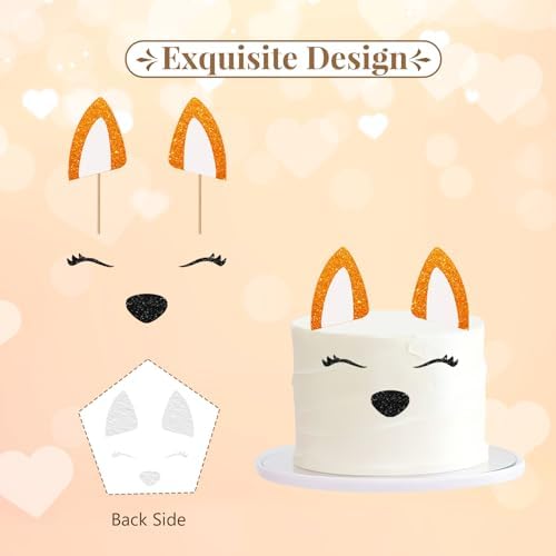 Fox Face Cake Topper, Fox Birthday Cake Decor, Orange Glitter Fox With Eyelashes Nose Ears Cake Topper for Baby Shower, Forest Animal Party Decoration