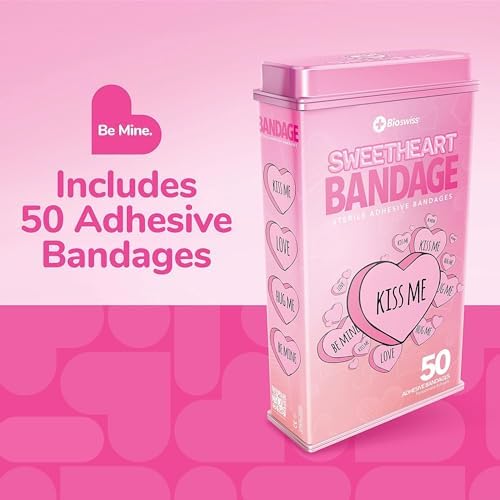 BioSwiss Bandages, Valentine Heart Shaped Self Adhesive Bandage Set, Latex Free, Sterile Wound Care, 50 Count