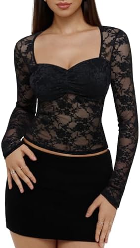 REORIA Womens Sexy Sheer Mesh Tops Floral Lace Long Sleeve Shirts Low Cut Slim Fitted Outfits See Through Going Out Blouses