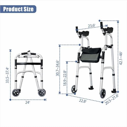 Folding Walker with Armrest Pad - Upright Walker for Seniors, Standing Mobility Aid for Indoor & Outdoor, 300lb Weight Capacity, Height Adjustable (Silvery)