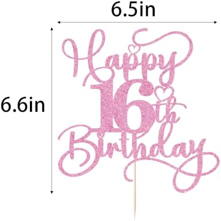 Pink Happy 16th Birthday Cake Topper 1pcs Glitter Cake Topper for sixteen Birthday/Anniversary Theme Party Cake Decorations Supplies