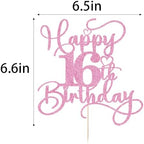 Pink Happy 16th Birthday Cake Topper 1pcs Glitter Cake Topper for sixteen Birthday/Anniversary Theme Party Cake Decorations Supplies