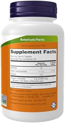 NOW Foods Supplements, Organic Chlorella 500 mg with naturally occurring Chlorophyll, Beta-Carotene, mixed Carotenoids, Vitamin C, Iron and Protein, 200 Tablets