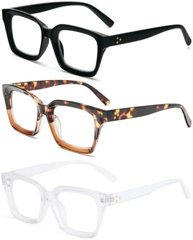 MMOWW Oversized Reading Glasses for Women 3 Pairs Sqaure Frame Blue Light Blocking Computer Readers +1.0