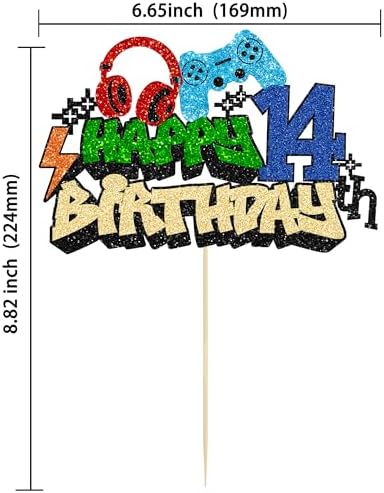 Gyufise 1Pcs Happy 14th Birthday Cake Topper Glitter Video Game Cake Pick Game On Controllers Fourteen Cheers to 14 Years Cake Decoration for Game Theme Happy 14th Birthday Party Supplies