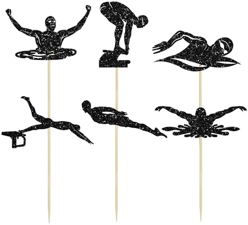 Ephlyn 24Pcs Swim Cupcake Toppers Swimming Team Diving Cupcake Picks Swimming Cake Decorations for Summer Beach Pool Party Birthday Baby Shower Supplies Black