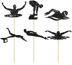 Ephlyn 24Pcs Swim Cupcake Toppers Swimming Team Diving Cupcake Picks Swimming Cake Decorations for Summer Beach Pool Party Birthday Baby Shower Supplies Black