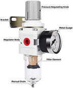 NANPU 1/4" NPT Compressed Air Filter Regulator Combo Piggyback, 5 Micron Brass Element, Poly Bowl, Semi-Auto Drain, Metal Bracket, 0-150 psi Gauge