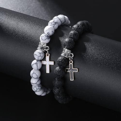 2 Pcs Set Matte Lava Rock Beaded Couple Bracelet Black White 8mm Howlite Volcanic Stone Matching Beads Elastic Cross Pendant Stretch Bracelets Religion Charm BFF Jewelry for Women Men