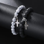 2 Pcs Set Matte Lava Rock Beaded Couple Bracelet Black White 8mm Howlite Volcanic Stone Matching Beads Elastic Cross Pendant Stretch Bracelets Religion Charm BFF Jewelry for Women Men