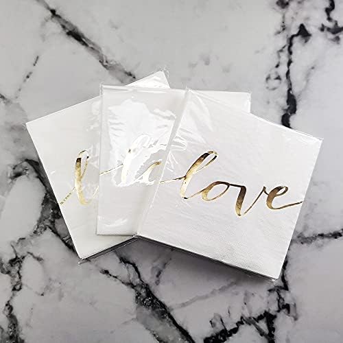 White Luncheon Paper Napkins Stamped with Sparkle Gold Love - Folded 6.5 x 6.5inch for Wedding, Bridal/Baby Shower, Dinner Birthday Party (48Count)