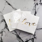 White Luncheon Paper Napkins Stamped with Sparkle Gold Love - Folded 6.5 x 6.5inch for Wedding, Bridal/Baby Shower, Dinner Birthday Party (48Count)