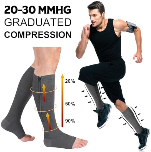 Nuanchu 3 Pairs Open Toe Zipper Compression Socks 20-30mmhg Zipper Compression Toeless Knee High Socks for Men Swelling Edema