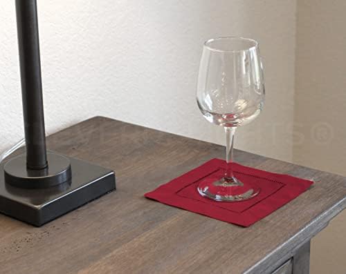 CleverDelights Red Hemstitch 6" Cocktail Napkins - 12 Pack - 55/45 Linen Cotton Blend