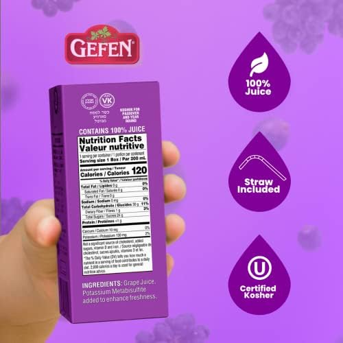 Gefen Grape juice Box Drink, 6.75oz (27 Pack) 100% Grape Juice, Tasty & Refreshing, Kosher for Passover, Drinking Straw included